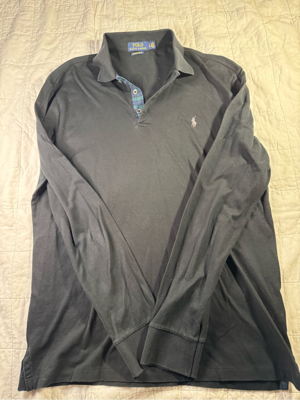 Ralph Lauren Black Long-Sleeve Polo with Contrast Plaid collar